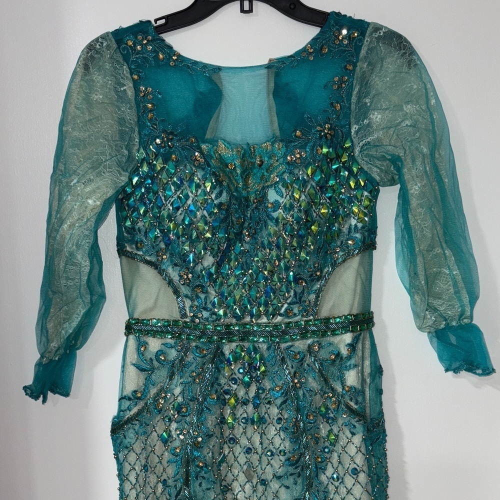 Glamorous Women’s Teal Embellished Long Sleeve Dress Prom Wedding Guest Gown